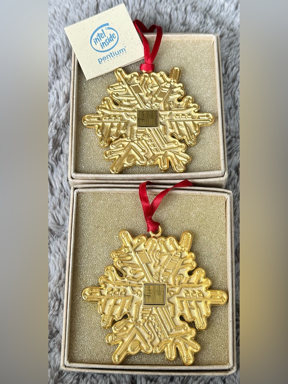 Set of 2 Intel Inside Pentium Processor Snowflake Ornaments w/Boxes